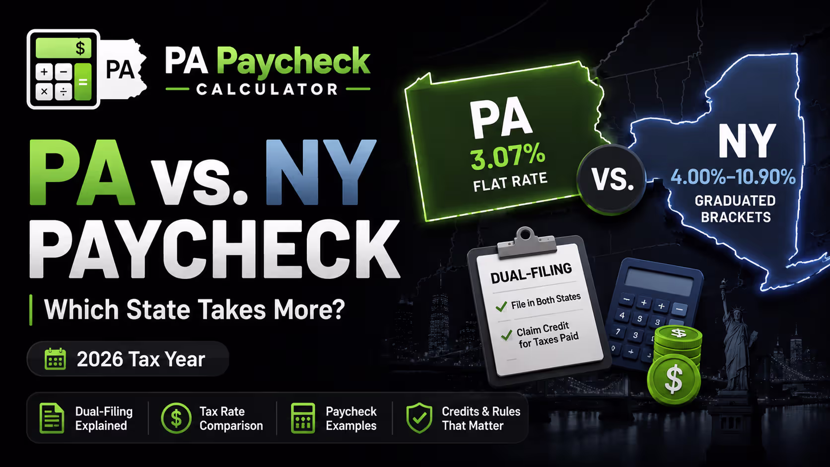 Pennsylvania and New York state outline illustrating cross-border commuter paycheck tax comparison