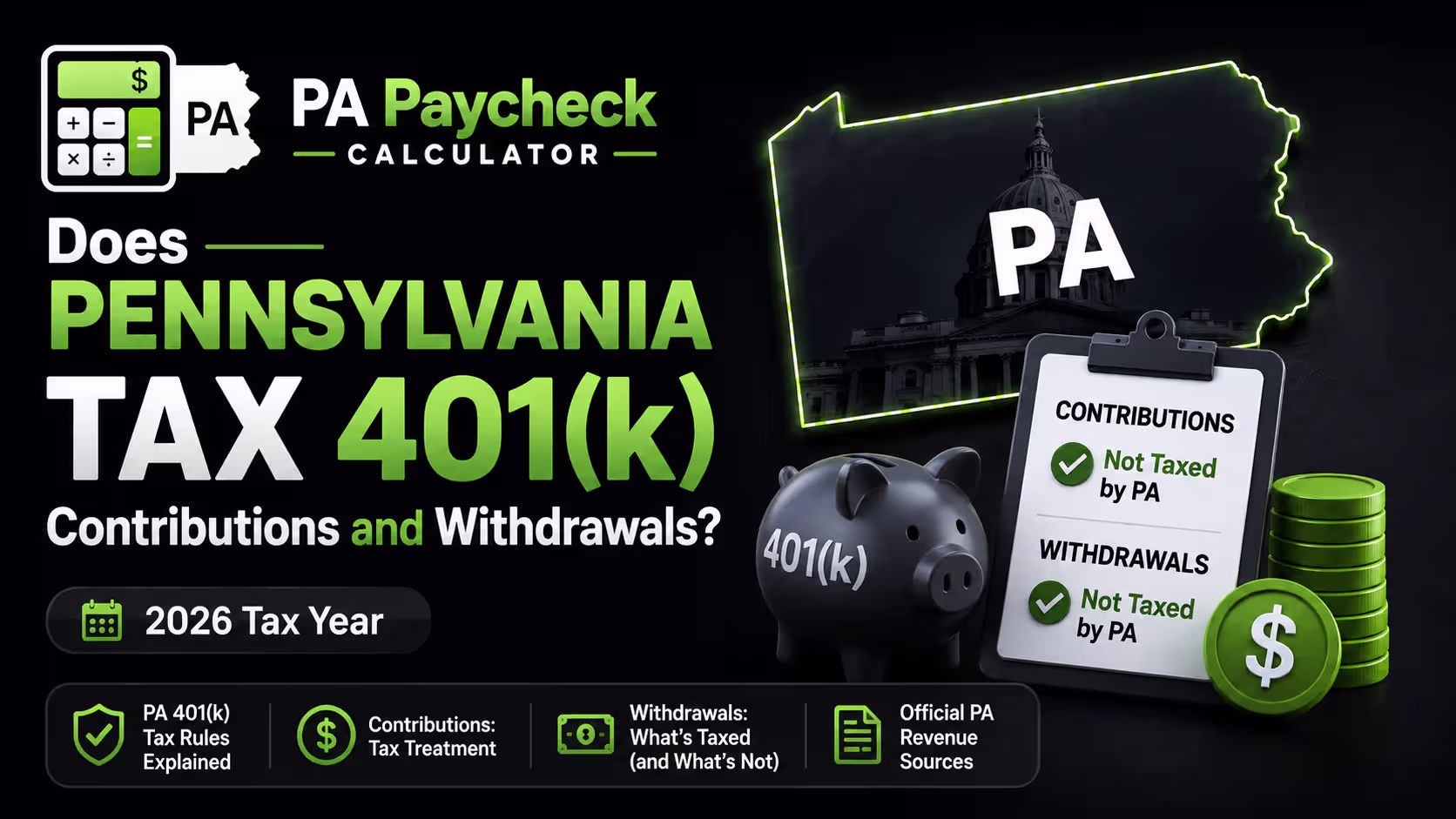 Pennsylvania state outline with a 401(k) retirement savings jar, illustrating how PA taxes retirement contributions